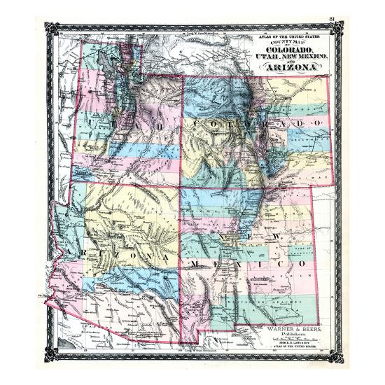 1875 colorado utah new mexico and arizona states map united states