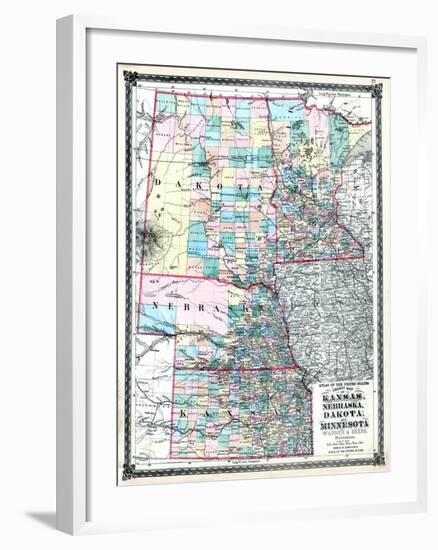 1875, Kansas, Nebraska, Dakota and Minnesota States Map, United States-null-Framed Giclee Print