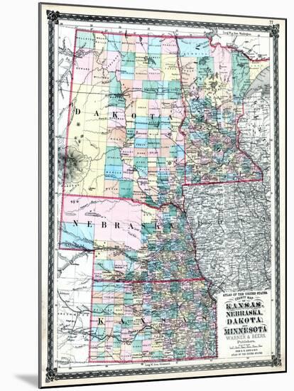 1875, Kansas, Nebraska, Dakota and Minnesota States Map, United States-null-Mounted Giclee Print