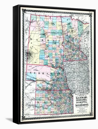 1875, Kansas, Nebraska, Dakota and Minnesota States Map, United States-null-Framed Stretched Canvas