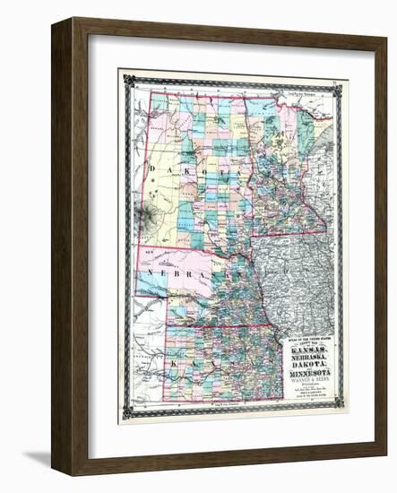 1875, Kansas, Nebraska, Dakota and Minnesota States Map, United States-null-Framed Giclee Print