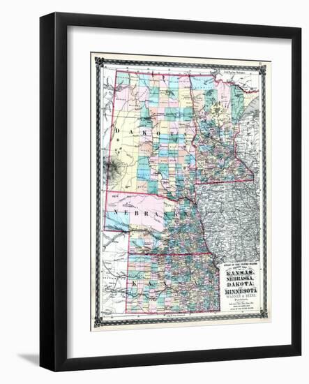 1875, Kansas, Nebraska, Dakota and Minnesota States Map, United States-null-Framed Giclee Print