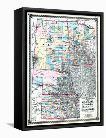 1875, Kansas, Nebraska, Dakota and Minnesota States Map, United States-null-Framed Stretched Canvas