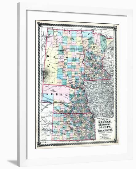 1875, Kansas, Nebraska, Dakota and Minnesota States Map, United States-null-Framed Giclee Print