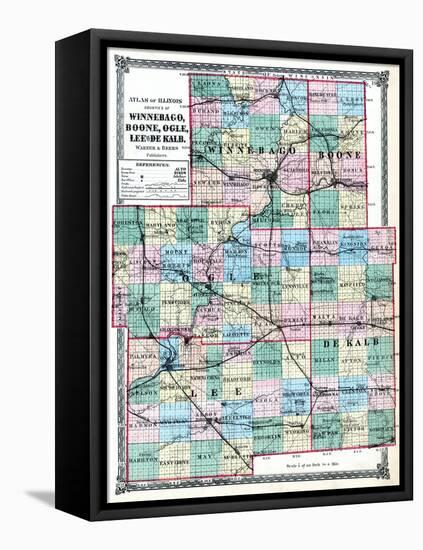 1875, Winnebago, Boone, Ogle, Lee and De Kalb Counties Map, Illinois, United States-null-Framed Stretched Canvas