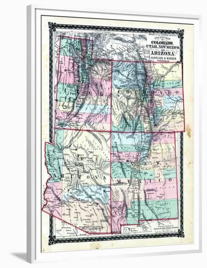 1876, County Map of Colorado, Utah, New Mexico and Arizona, United States-null-Framed Premium Giclee Print