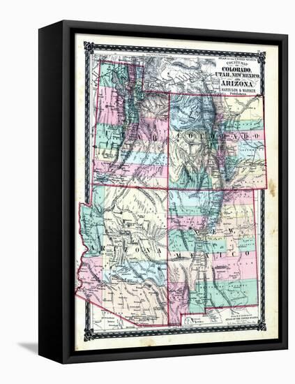 1876, County Map of Colorado, Utah, New Mexico and Arizona, United States-null-Framed Stretched Canvas