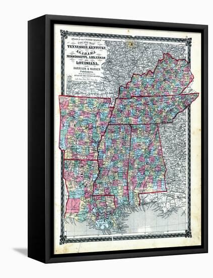 1876, County Map Tennessee, Kentucky, Alabana, Mississippi, Arkansas and Louisiana, Missouri, Unite-null-Framed Stretched Canvas