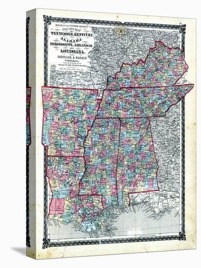 1876, County Map Tennessee, Kentucky, Alabana, Mississippi, Arkansas and Louisiana, Missouri, Unite-null-Stretched Canvas