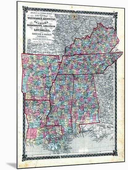 1876, County Map Tennessee, Kentucky, Alabana, Mississippi, Arkansas and Louisiana, Missouri, Unite-null-Mounted Giclee Print