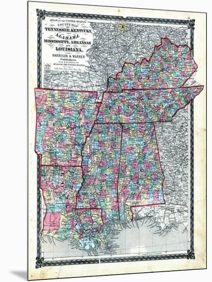 1876, County Map Tennessee, Kentucky, Alabana, Mississippi, Arkansas and Louisiana, Missouri, Unite-null-Mounted Premium Giclee Print