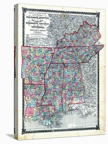 1876, County Map Tennessee, Kentucky, Alabana, Mississippi, Arkansas and Louisiana, Missouri, Unite-null-Stretched Canvas