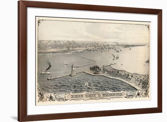 1876, Erie and Presque Isle Bay Bird's Eye View, Pennsylvania, United States-null-Framed Giclee Print