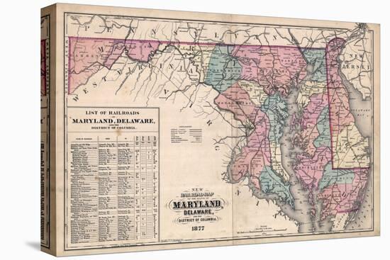 1877, Maryland and Delaware Railroad Map 1877, Maryland, United States-null-Stretched Canvas