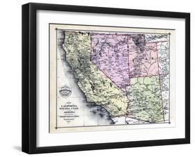 1879, California, Nevada, Utah, and Arizona States Map, California, United States-null-Framed Giclee Print