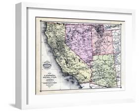 1879, California, Nevada, Utah, and Arizona States Map, California, United States-null-Framed Giclee Print