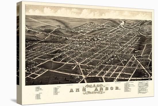 1880, Ann Arbor Bird's Eye View, Michigan, United States-null-Stretched Canvas