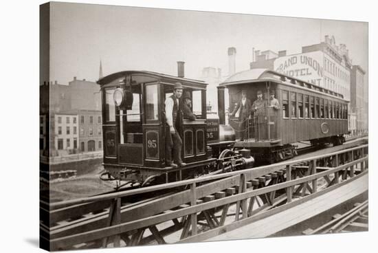 1880s Men on Board Elevated Locomotive and Passenger Car on East 42nd Street Grand Union Hotel-null-Stretched Canvas