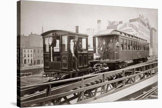 1880s Men on Board Elevated Locomotive and Passenger Car on East 42nd Street Grand Union Hotel-null-Stretched Canvas