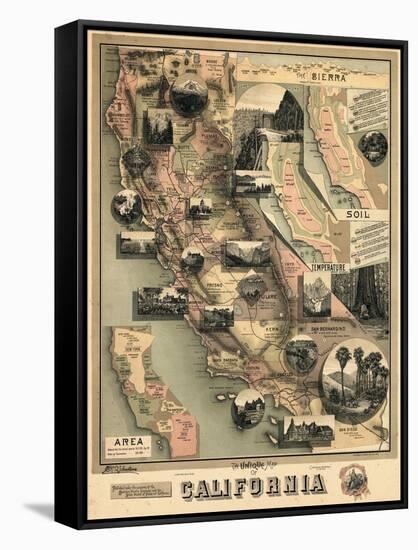 1888, California State Map, California, United States-null-Framed Stretched Canvas