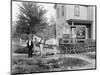 1890s 1900s MAN DRIVER STANDING BY HORSE DRAWN CARRIAGE BAKERY DELIVERY CART-Panoramic Images-Mounted Photographic Print