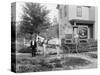 1890s 1900s MAN DRIVER STANDING BY HORSE DRAWN CARRIAGE BAKERY DELIVERY CART-Panoramic Images-Stretched Canvas