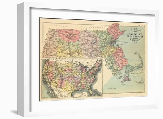 1898, United States Map, Massachusetts State Map, Massachusetts, United States-null-Framed Giclee Print