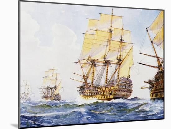 18th Century Ships in Single File Close-Hauled to Starboard Tack-null-Mounted Giclee Print
