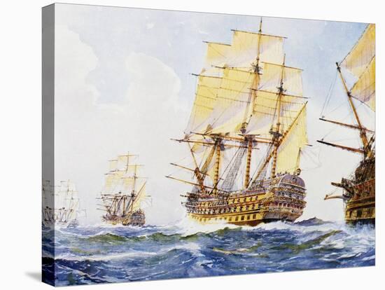 18th Century Ships in Single File Close-Hauled to Starboard Tack-null-Stretched Canvas