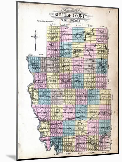 1912, Burleigh County Outline Map, North Dakota, United States-null-Mounted Giclee Print