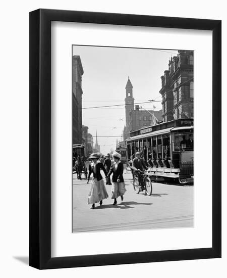 1912 Street Scene Pedestrians and Streetcar Detroit, Michigan-null-Framed Premium Photographic Print