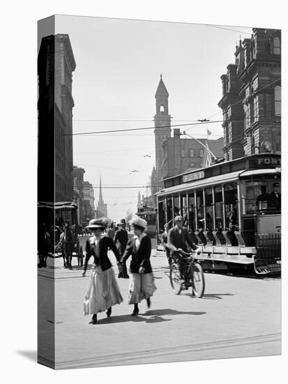 1912 Street Scene Pedestrians and Streetcar Detroit, Michigan-null-Stretched Canvas