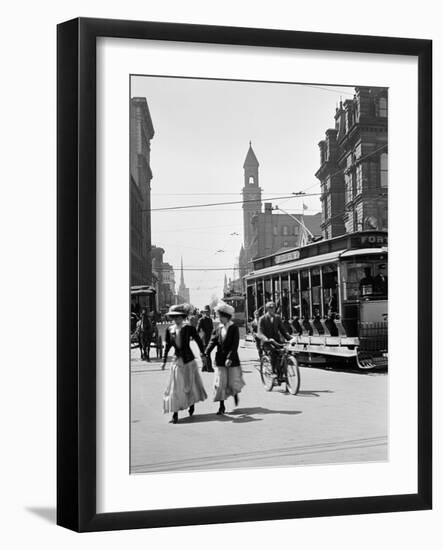 1912 Street Scene Pedestrians and Streetcar Detroit, Michigan-null-Framed Photographic Print