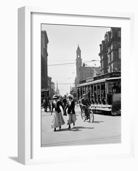 1912 Street Scene Pedestrians and Streetcar Detroit, Michigan-null-Framed Photographic Print