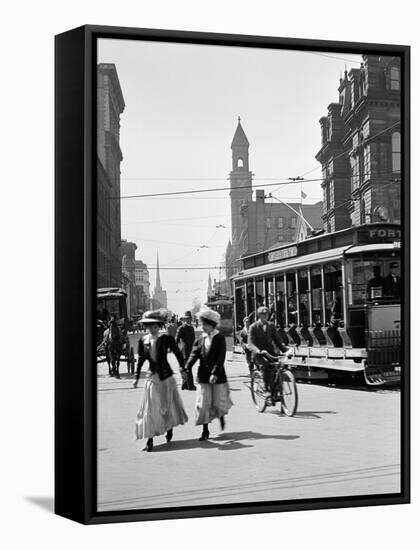 1912 Street Scene Pedestrians and Streetcar Detroit, Michigan-null-Framed Stretched Canvas