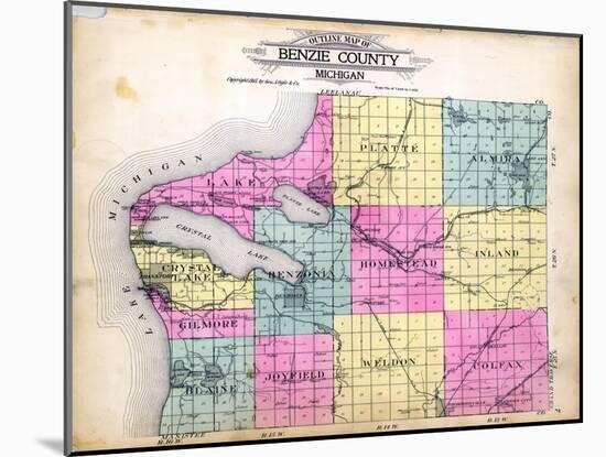 1915, Benzie County Outline Map, Michigan, United States-null-Mounted Giclee Print