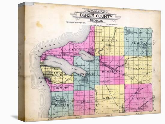 1915, Benzie County Outline Map, Michigan, United States-null-Stretched Canvas