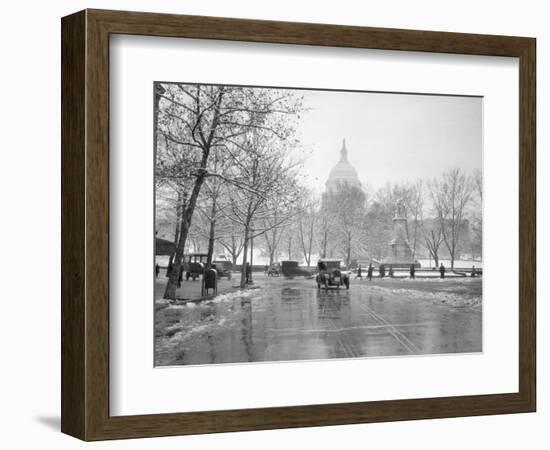 1920s-1930s the Capitol Building and Old Car Traffic in Winter Washington DC-null-Framed Photographic Print