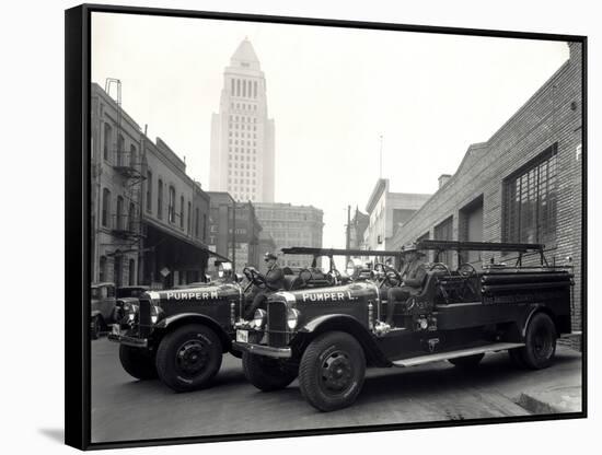 1920s-1930s Two Fire Trucks with Los Angeles City Hall California-null-Framed Stretched Canvas