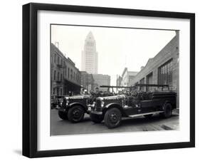 1920s-1930s Two Fire Trucks with Los Angeles City Hall California-null-Framed Premium Photographic Print