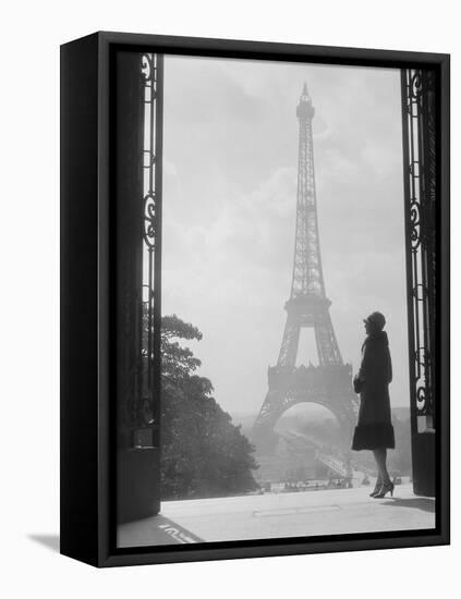 1920s Anonymous Silhouetted Woman Standing in Profile in the Trocadero across the Seine-null-Framed Stretched Canvas