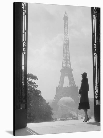 1920s Anonymous Silhouetted Woman Standing in Profile in the Trocadero across the Seine-null-Stretched Canvas