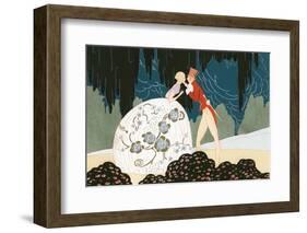 1920s ART DECO ILLUSTRATION COUPLE ABOUT TO KISS WOMAN WEARING WHITE SILVER BALLOON SHAPED GOWN...-H. Armstrong Roberts-Framed Photographic Print