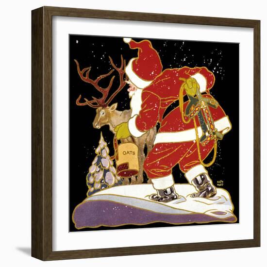 1920s DRAWING OF SANTA TYING TO CATCH HIS REINDEER WITH BAG OF OATS ON CHRISTMAS EVE-Panoramic Images-Framed Photographic Print