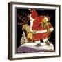 1920s DRAWING OF SANTA TYING TO CATCH HIS REINDEER WITH BAG OF OATS ON CHRISTMAS EVE-Panoramic Images-Framed Photographic Print