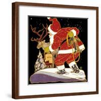 1920s DRAWING OF SANTA TYING TO CATCH HIS REINDEER WITH BAG OF OATS ON CHRISTMAS EVE-Panoramic Images-Framed Photographic Print