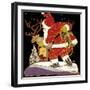 1920s DRAWING OF SANTA TYING TO CATCH HIS REINDEER WITH BAG OF OATS ON CHRISTMAS EVE-Panoramic Images-Framed Photographic Print