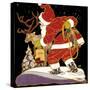 1920s DRAWING OF SANTA TYING TO CATCH HIS REINDEER WITH BAG OF OATS ON CHRISTMAS EVE-Panoramic Images-Stretched Canvas