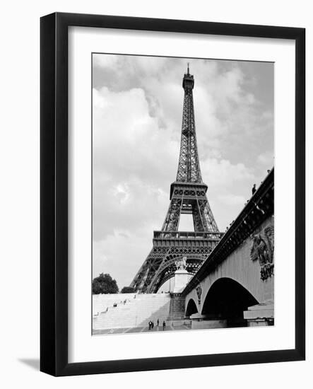 1920s Eiffel Tower with People Walking Up Stairs and Standing on Bridge in Foreground-null-Framed Photographic Print