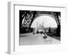 1920s Woman Walking under the Eiffel Tower with the Trocadero in Background, Paris,, France-null-Framed Photographic Print